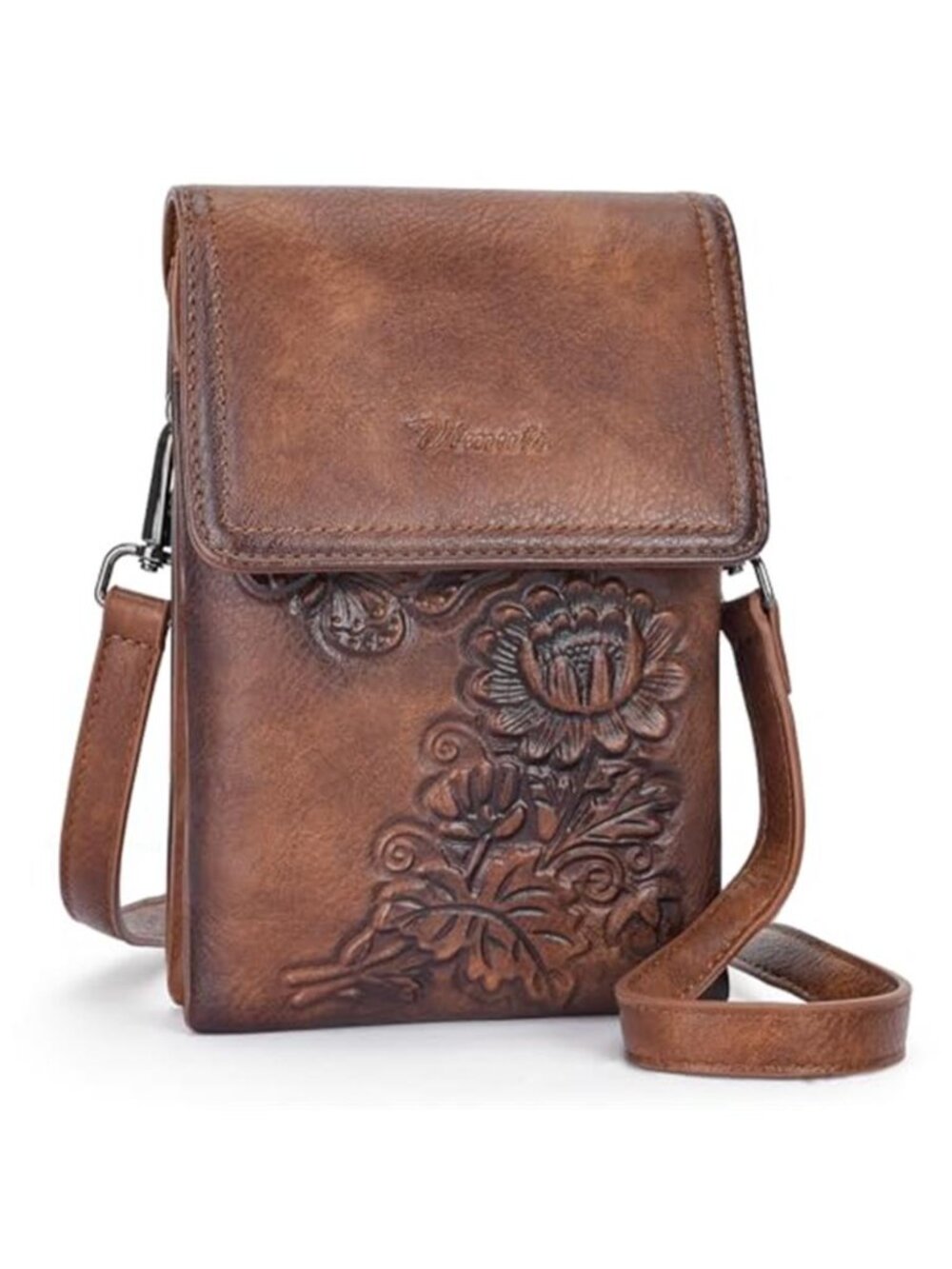 Womens Small Crossbody Phone Purse Vegan Leather Floral Embossed Shoulder Bag